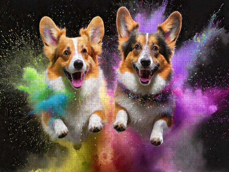 Zwei Welsh Corgi Pembroke springen in einer bunten Holi Pulver Farbwolke - CALVENDO Foto-Puzzle'