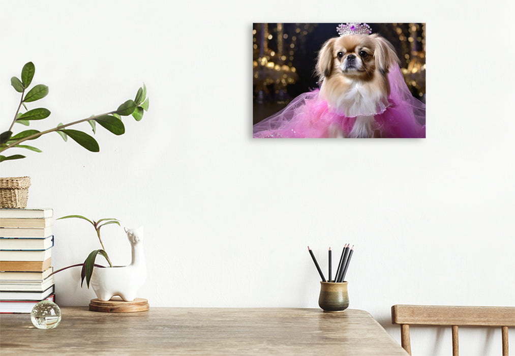 Premium Textil-Leinwand Pekinese trägt pinkfarbenes Abendkleid mit Krone