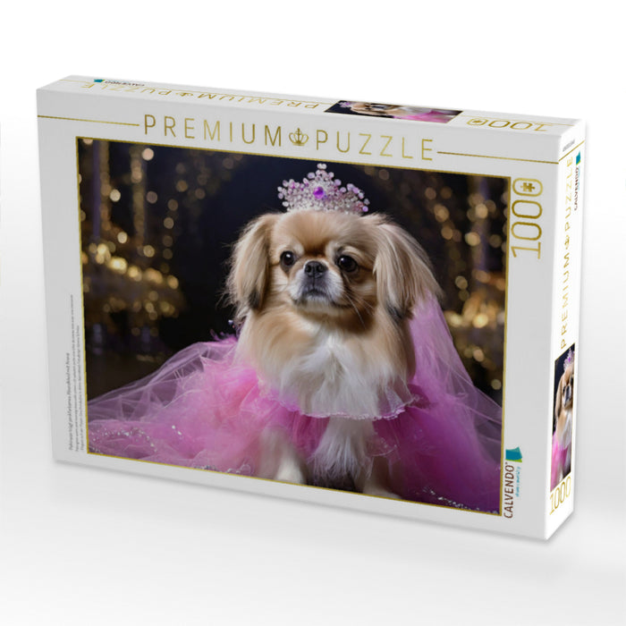 Pekinese trägt pinkfarbenes Abendkleid mit Krone - CALVENDO Foto-Puzzle'