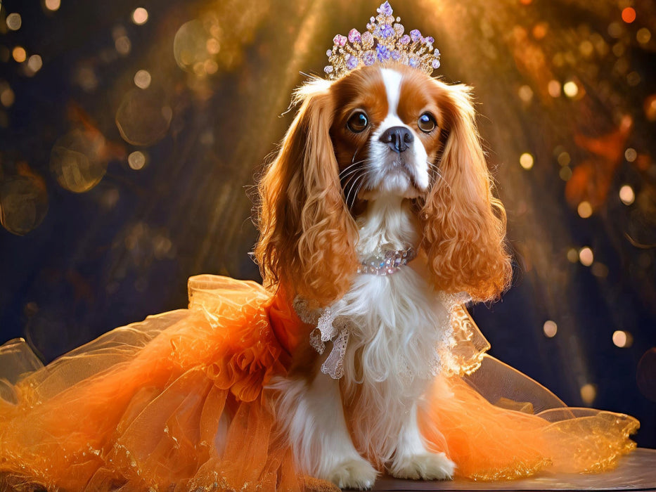 Cavalier King Charles Spaniel trägt orangefarbenes Abendkleid mit Tüll und Krone - CALVENDO Foto-Puzzle'