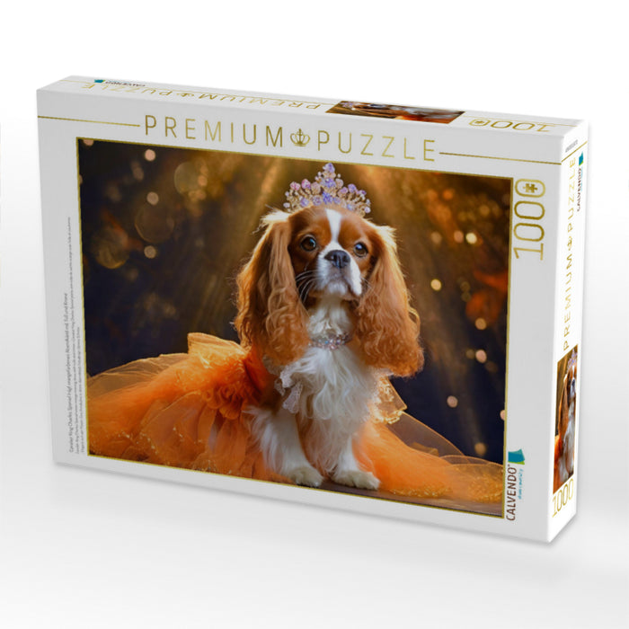 Cavalier King Charles Spaniel trägt orangefarbenes Abendkleid mit Tüll und Krone - CALVENDO Foto-Puzzle'