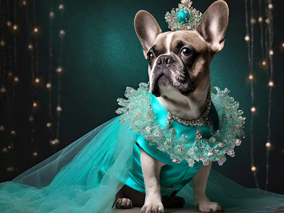 Französische Bulldogge trägt türkisfarbenes Abendkleid mit Krone - CALVENDO Foto-Puzzle'