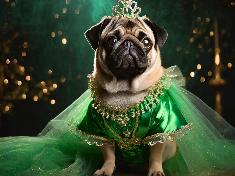 Mops trägt elegantes grünes Abendkleid mit Schmuck und Krone - CALVENDO Foto-Puzzle'