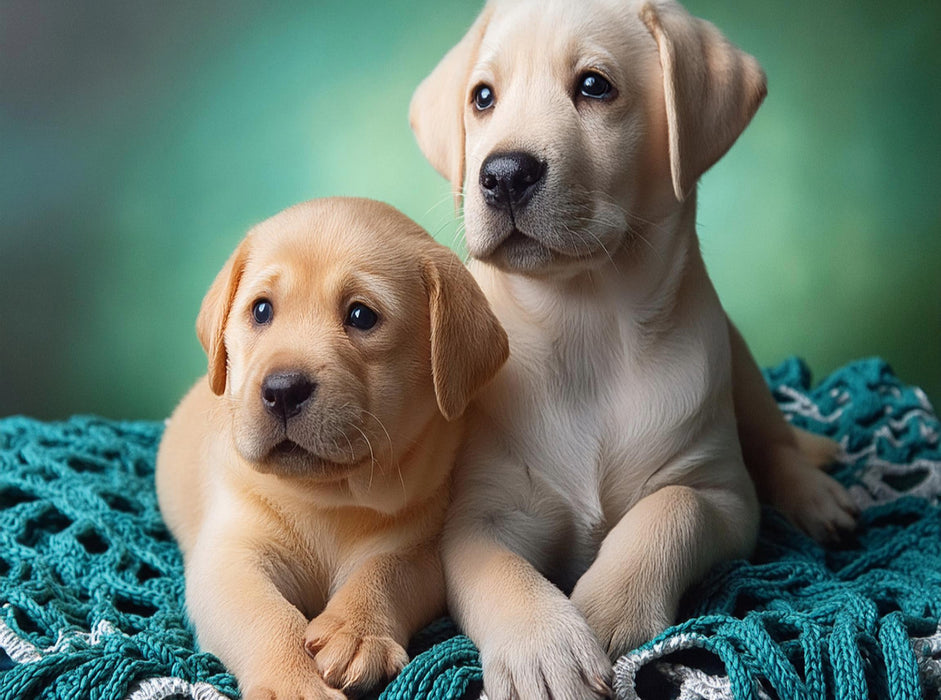 Aneinander gekuschelt liegen zwei Labrador Retriever Welpen auf einer türkisefarbenen Decke - CALVENDO Foto-Puzzle'