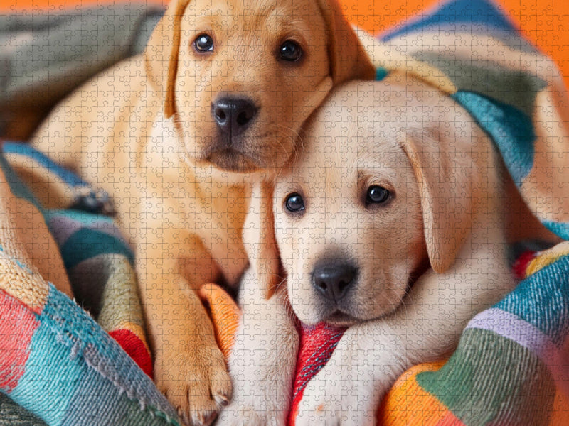 Eingekuschelt in eine bunte Decke liegen zwei Labrador Retriever Welpen nebeneinander - CALVENDO Foto-Puzzle'