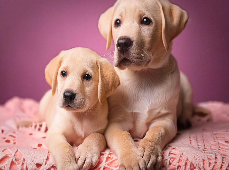 Zwei Labrador Retriever Welpen kuscheln auf einer rosafarbenen Decke - CALVENDO Foto-Puzzle'