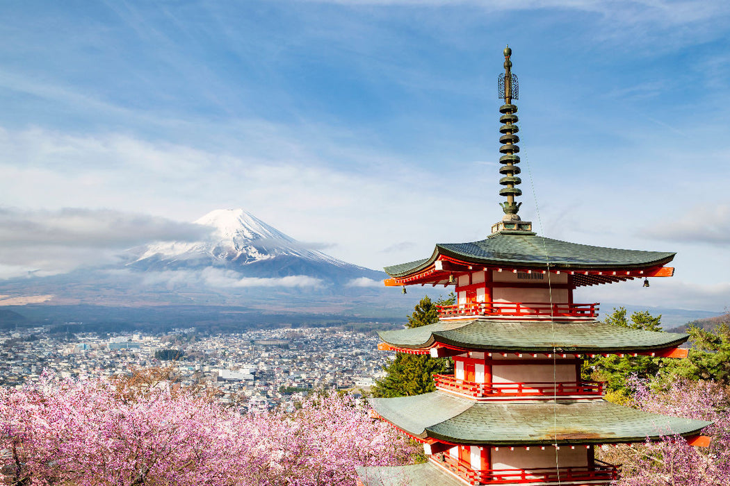 Premium Textil-Leinwand Grandioser Blick zum Fuji mit Chureito Pagode zur Kirschblüte