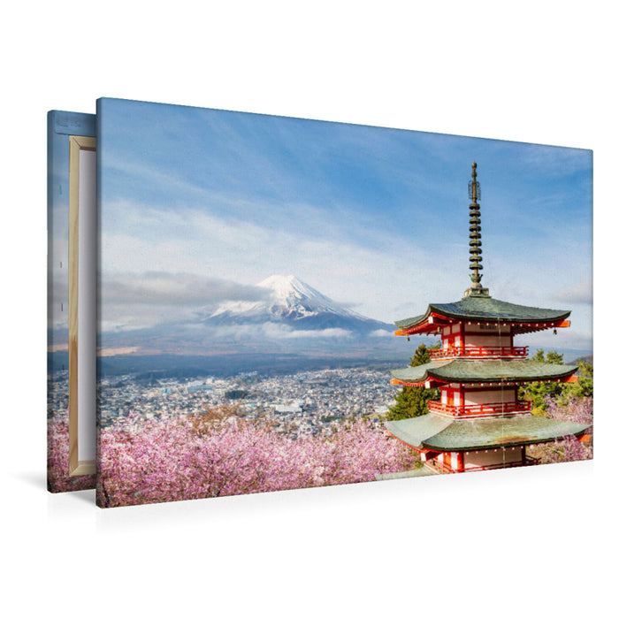 Premium Textil-Leinwand Grandioser Blick zum Fuji mit Chureito Pagode zur Kirschblüte