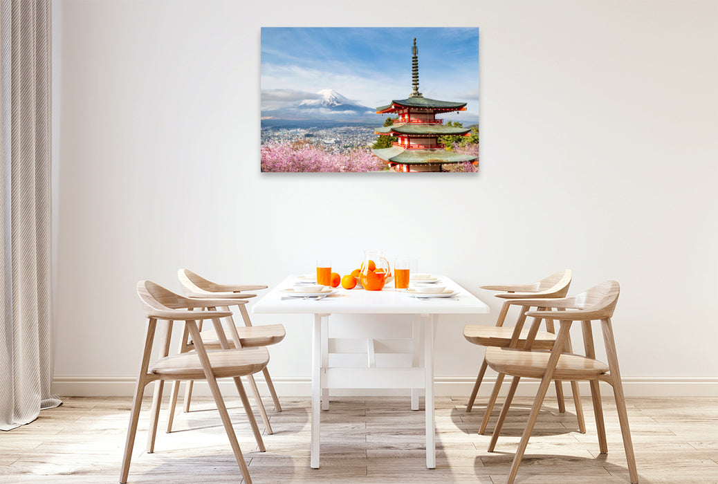 Premium Textil-Leinwand Grandioser Blick zum Fuji mit Chureito Pagode zur Kirschblüte