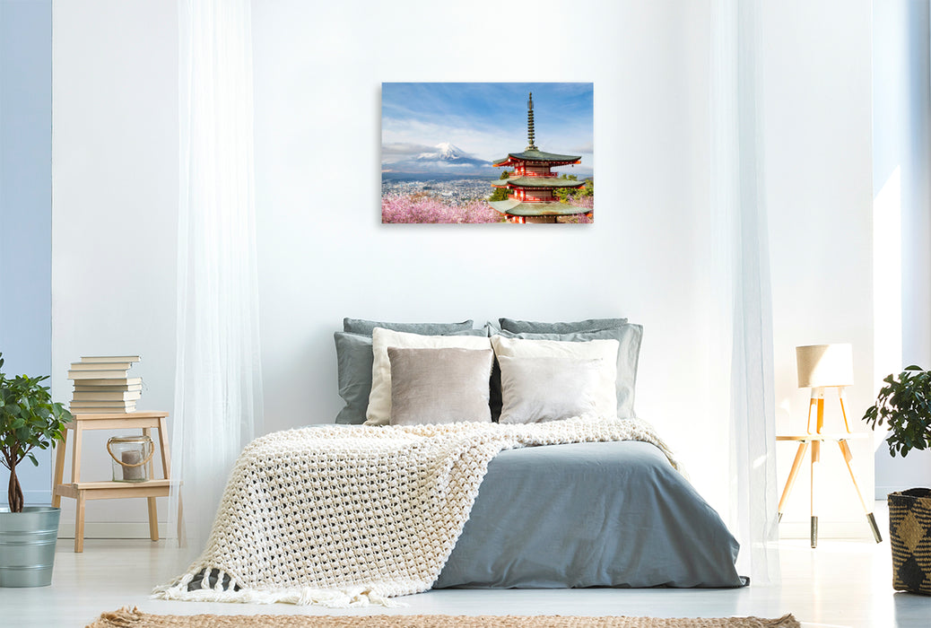 Premium Textil-Leinwand Grandioser Blick zum Fuji mit Chureito Pagode zur Kirschblüte