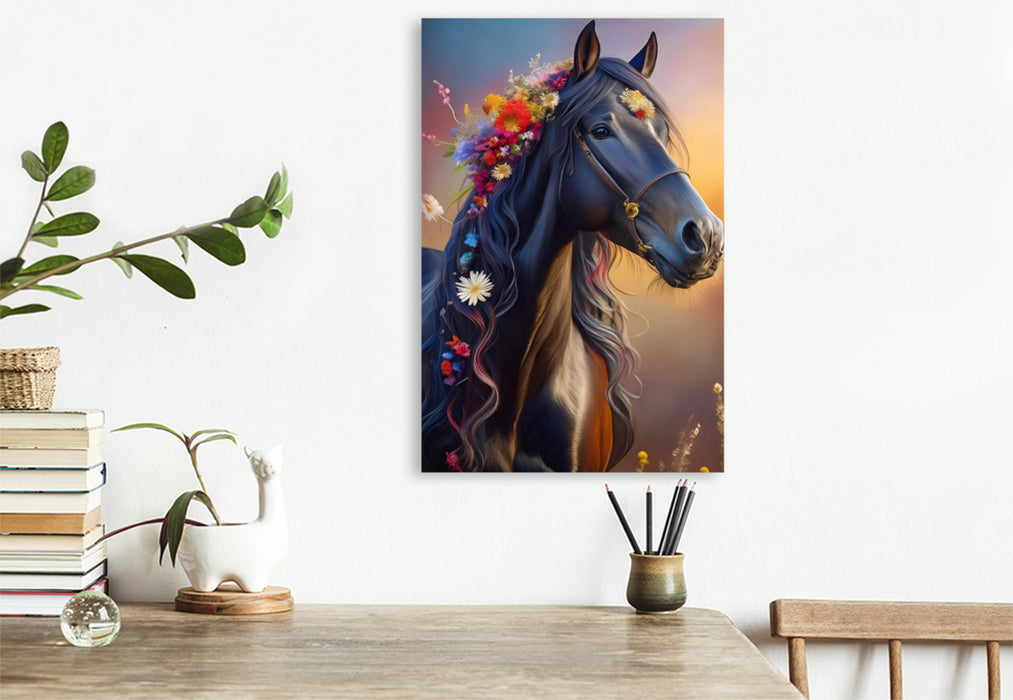 Premium Textil-Leinwand Ein Motiv aus dem Kalender Pferde im Blütenzauber – Blumige Portraits edler Vierbeiner