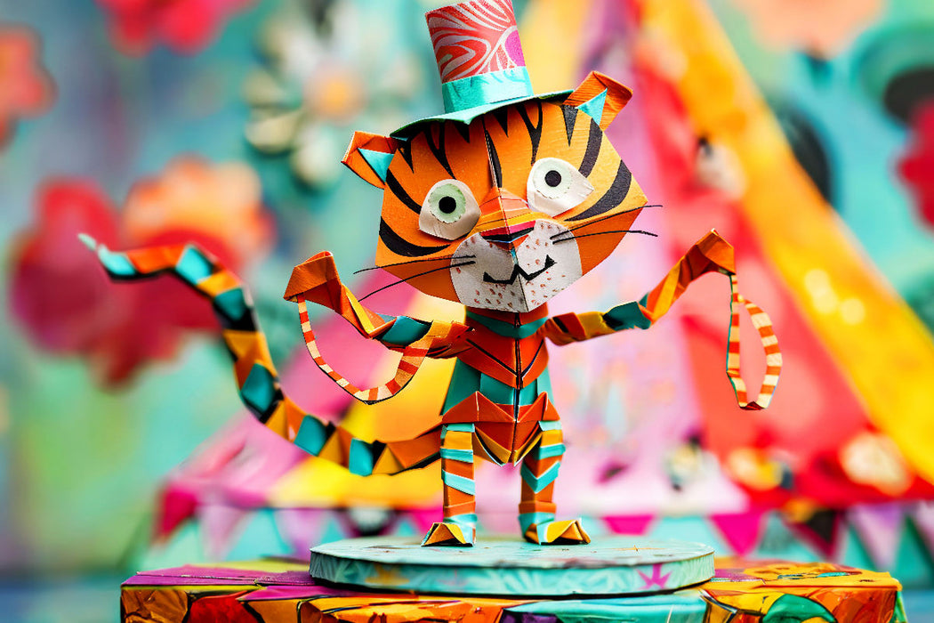 Premium Textil-Leinwand Lustiger Tiger aus Origami-Papier im Zirkus