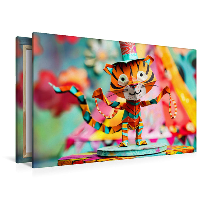 Premium Textil-Leinwand Lustiger Tiger aus Origami-Papier im Zirkus
