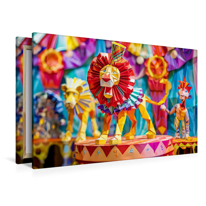 Premium Textil-Leinwand Löwen aus Papier in der Manege des Zirkuszeltes