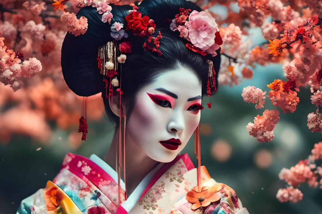 Premium Textil-Leinwand Geisha mit buntem Gewand