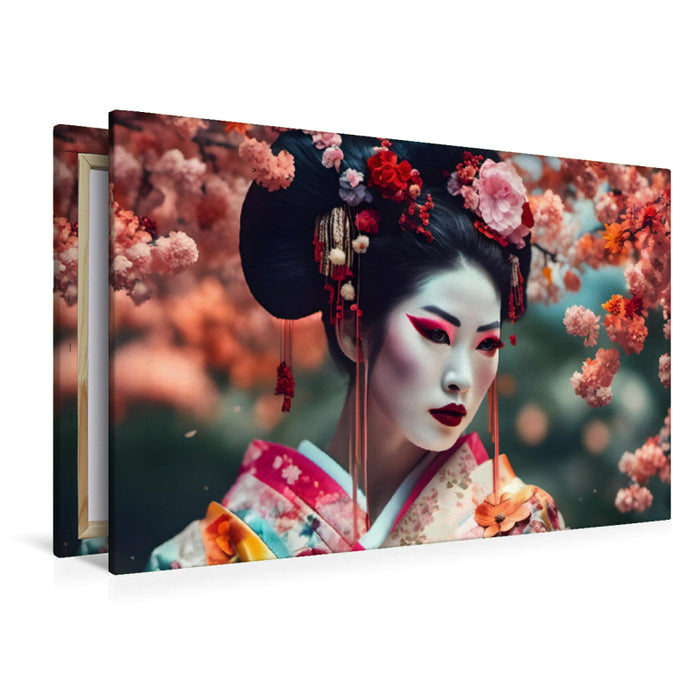 Premium Textil-Leinwand Geisha mit buntem Gewand