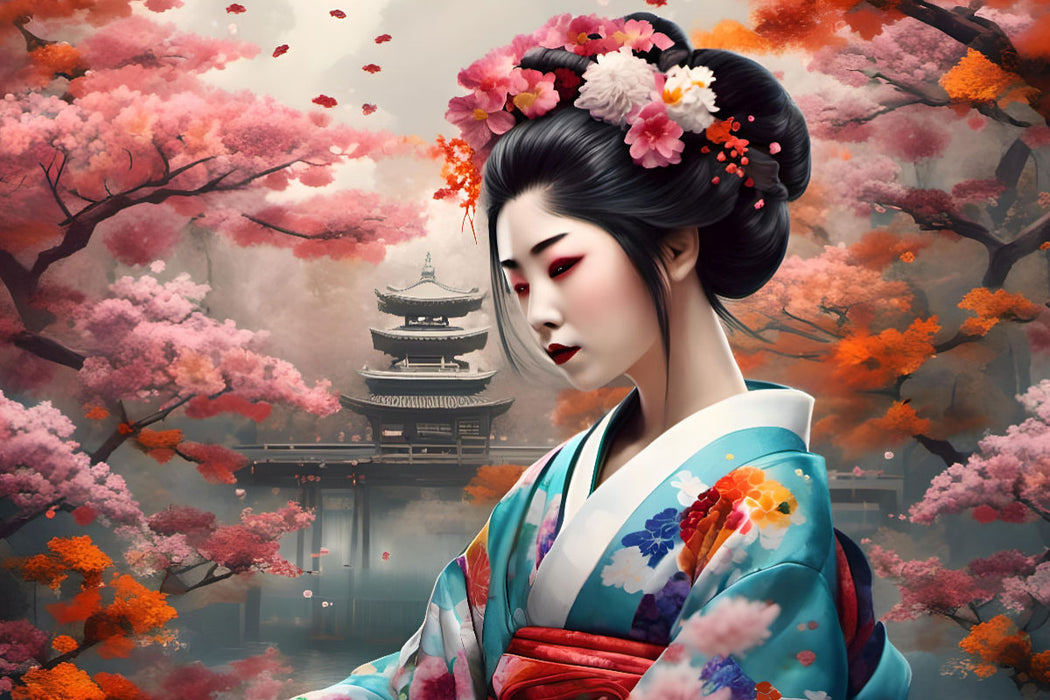 Premium Textil-Leinwand Geisha im Frühling mit Tempel im Hintergrund