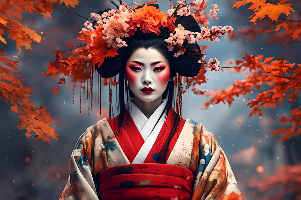 Premium Textil-Leinwand Geisha im Herbst