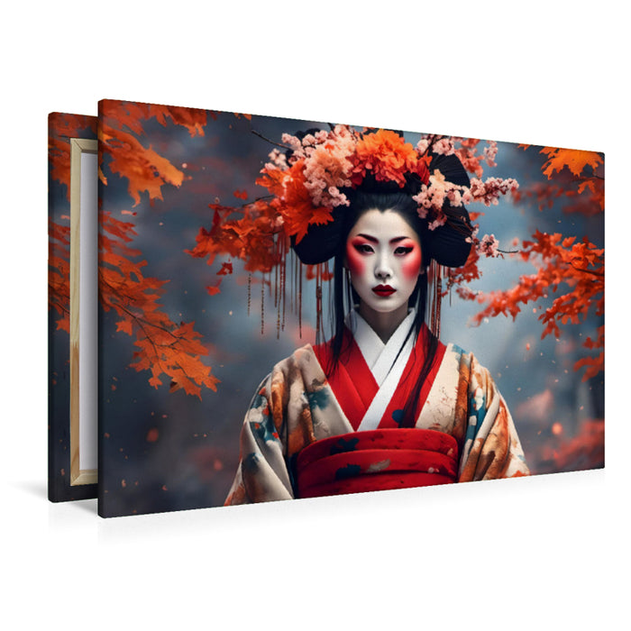 Premium Textil-Leinwand Geisha im Herbst