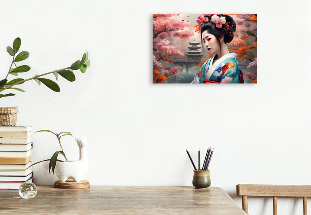 Premium Textil-Leinwand Geisha im Frühling mit Tempel im Hintergrund