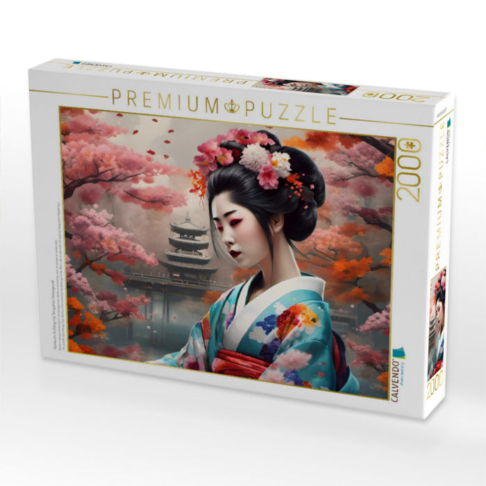 Geisha im Frühling mit Tempel im Hintergrund - CALVENDO Foto-Puzzle'