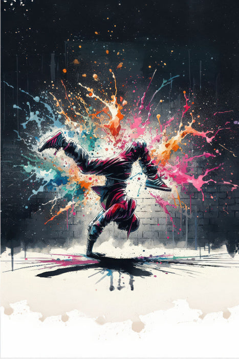 Premium Textil-Leinwand Ein Hip Hop Tänzer vor einer Betonwand, um ihn herum bunter Farbwirbel