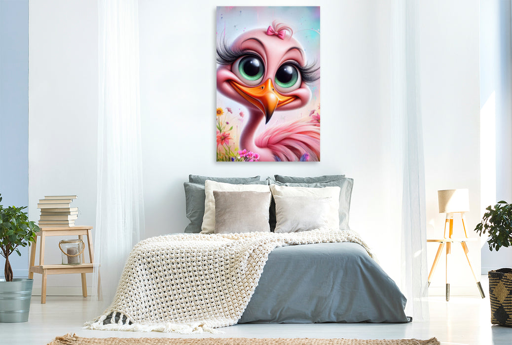 Premium Textil-Leinwand Eine bezaubernde rosa Flamingo Dame klimpert mit den Wimpern