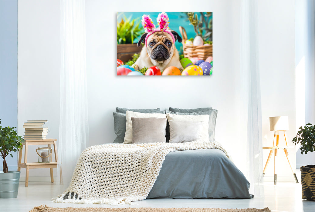 Premium Textil-Leinwand Mops als Osterhase zwischen bunten Ostereiern