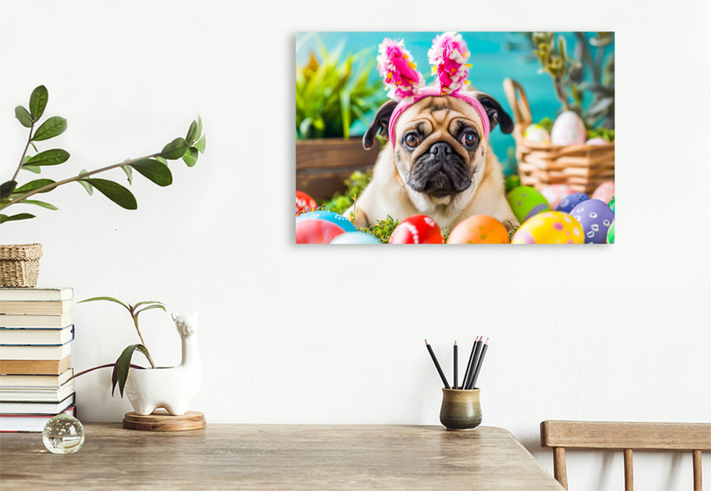 Premium Textil-Leinwand Mops als Osterhase zwischen bunten Ostereiern