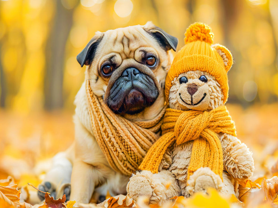 Mops und Plüschtierkumpel im Herbst. - CALVENDO Foto-Puzzle'