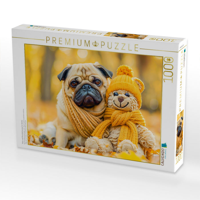 Mops und Plüschtierkumpel im Herbst. - CALVENDO Foto-Puzzle'