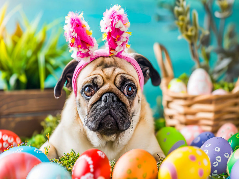 Mops als Osterhase zwischen bunten Ostereiern - CALVENDO Foto-Puzzle'