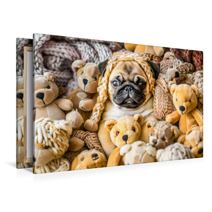 Premium Textil-Leinwand Mops im Kuscheltierparadies