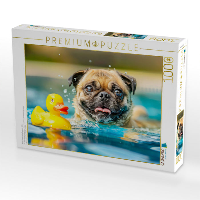 Mops planscht im Pool mit Ente - CALVENDO Foto-Puzzle'