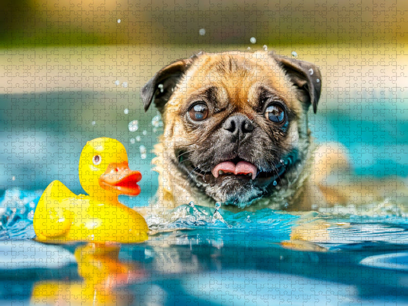 Mops planscht im Pool mit Ente - CALVENDO Foto-Puzzle'