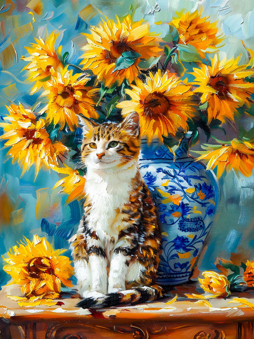 Katze im Stillleben mit Sonnenblumen in Blumenvase im impressionistischen Stil - CALVENDO Foto-Puzzle'