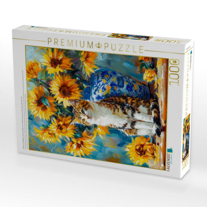 Katze im Stillleben mit Sonnenblumen in Blumenvase im impressionistischen Stil - CALVENDO Foto-Puzzle'