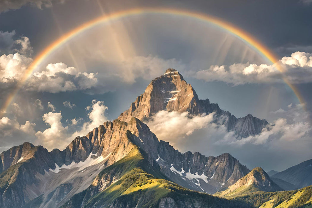 Premium Textil-Leinwand Eine Berglandschaft mit einem Regenbogen nach einem Sturm