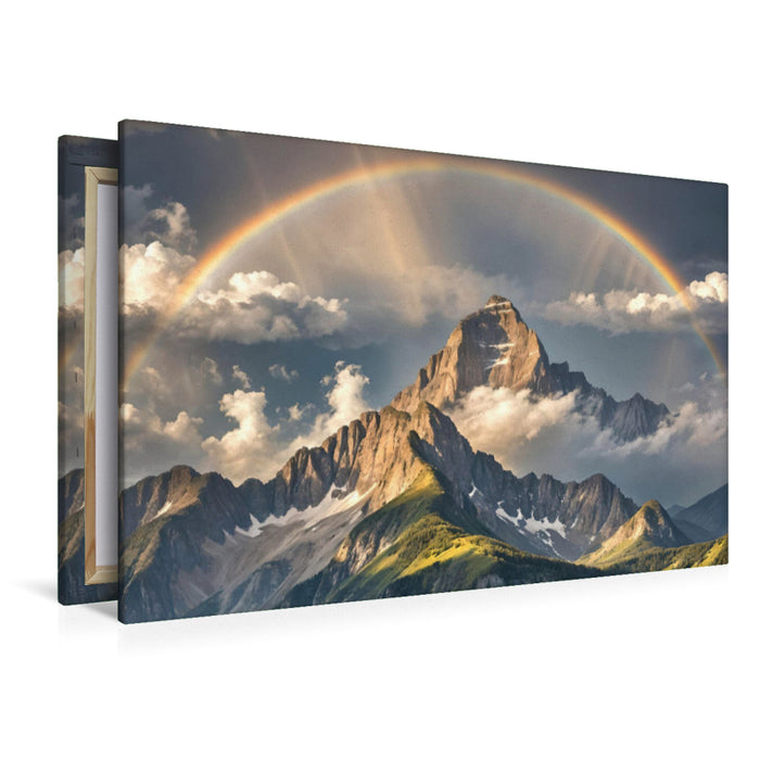 Premium Textil-Leinwand Eine Berglandschaft mit einem Regenbogen nach einem Sturm