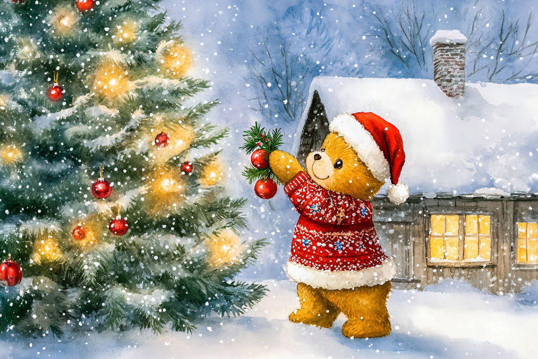 Premium Textil-Leinwand Teddy schmückt den Weihnachtsbaum