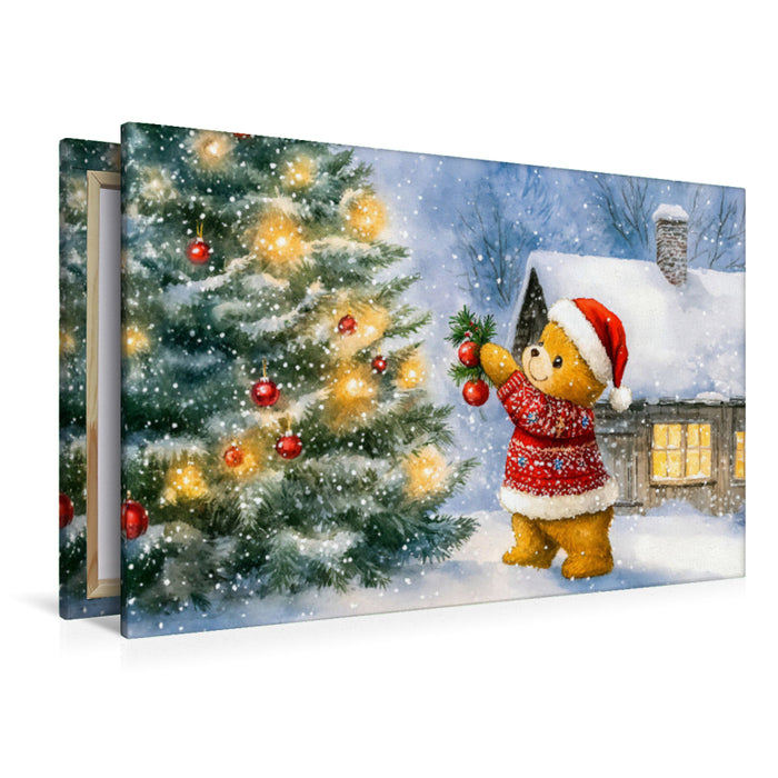 Premium Textil-Leinwand Teddy schmückt den Weihnachtsbaum