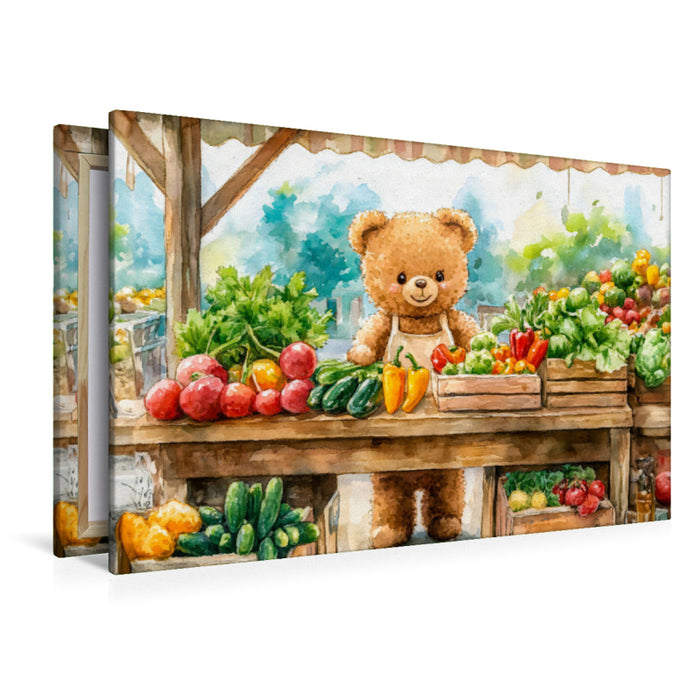 Premium Textil-Leinwand Teddy verkauft Obst auf dem Wochenmarkt