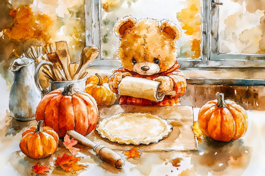 Premium Textil-Leinwand Teddy backt Kürbiskuchen zu Halloween