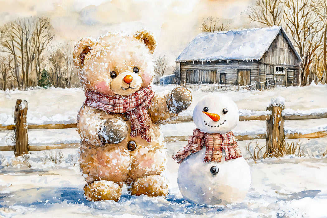 Premium Textil-Leinwand Teddy baut einen Schneemann