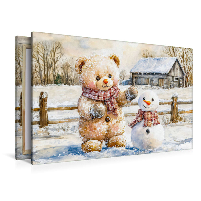 Premium Textil-Leinwand Teddy baut einen Schneemann