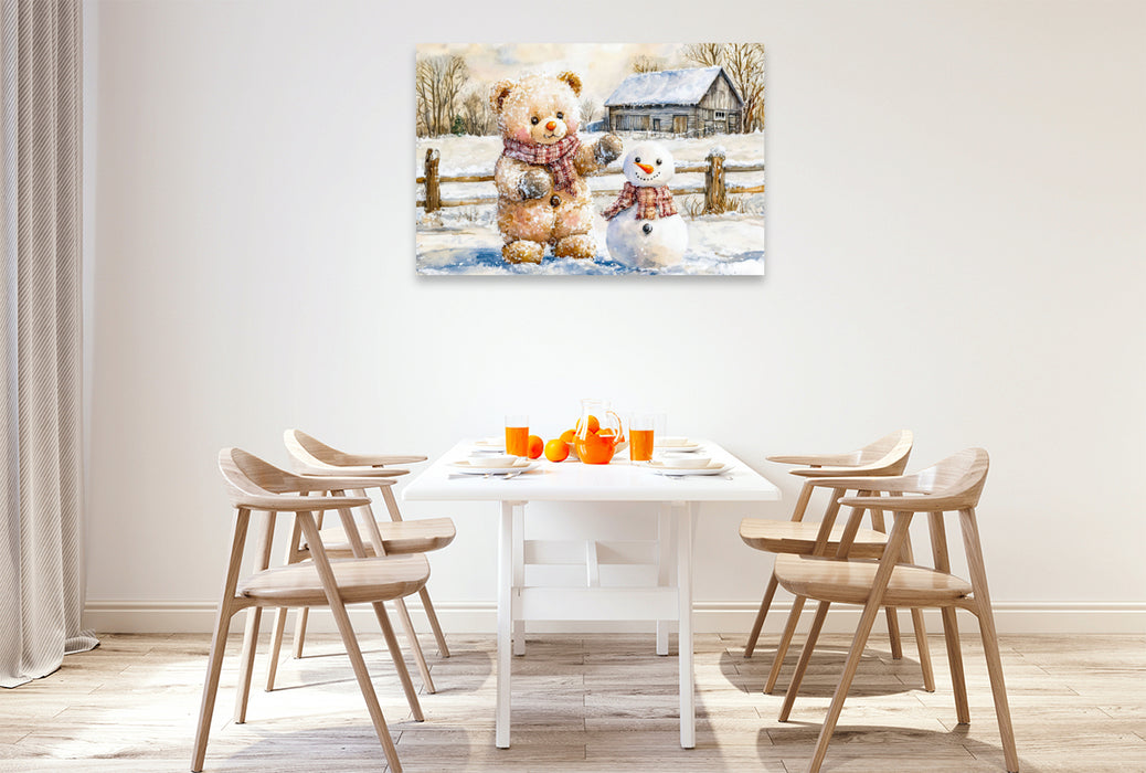 Premium Textil-Leinwand Teddy baut einen Schneemann