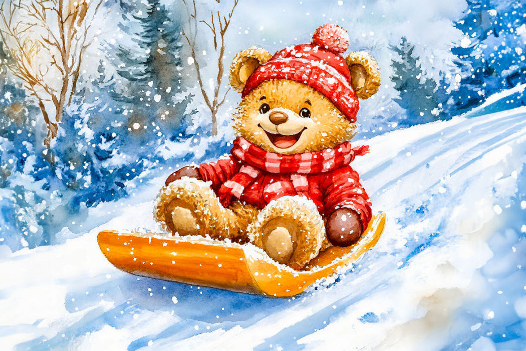 Premium Textil-Leinwand Teddy rodelt mit Schlitten im Winter