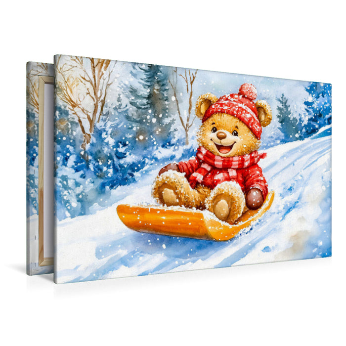 Premium Textil-Leinwand Teddy rodelt mit Schlitten im Winter