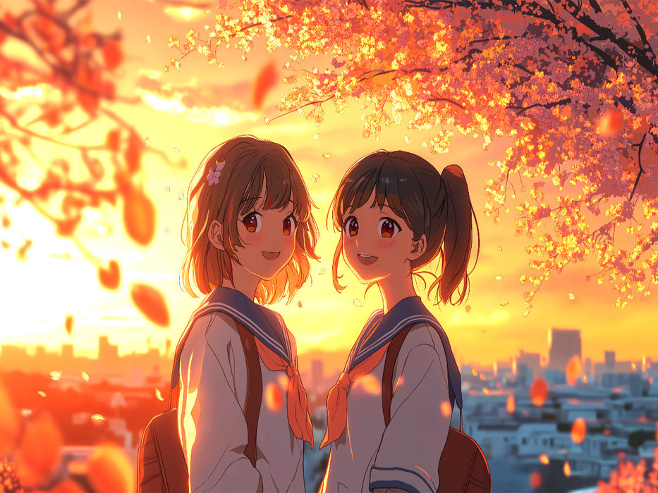 Shoujo Anime im Sonnenuntergang – Freundinnen in Schuluniform unter Kirschblüten - CALVENDO Foto-Puzzle'