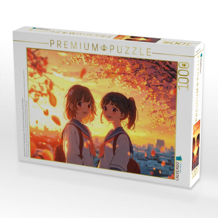 Shoujo Anime im Sonnenuntergang – Freundinnen in Schuluniform unter Kirschblüten - CALVENDO Foto-Puzzle'